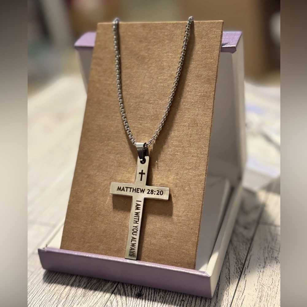 Stainless Steel Cross Necklace with Bible Verse Matthew 28:20 Christian Jewelry